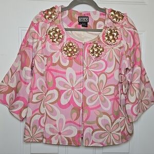 Berek Pink Floral Short Jacket With Goldtone Embellishment 3/4 Sleeve Size Med